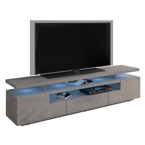 Strick & Bolton Sparkes 77-inch High Gloss TV Stand with LED Lights - Bed Bath & Beyond - 26283649 Tv Module, Gray Tv Stand, Tv Cabinet Wall Design, Tv Stand With Led Lights, Modern Tv Room, Tv Wall Cabinets, Grey Tv Stand, Modern Tv Wall Units, Tv Stand Designs