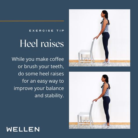 Heel raises are a great way to strengthen the muscles that help improve your balance and stability and they can be squeezed in during your daily activities. Do some heel raises while you brush your teeth or make coffee! https://www.getwellen.com/exercises/double-leg-heel-raise Heel Raises Exercise, Fitness Programs For Women, Ankle Strengthening Exercises, Osteoporosis Exercises, Workout Programs For Women, Weight Bearing Exercises, Brush Your Teeth, Bone Loss, Fitness Programs