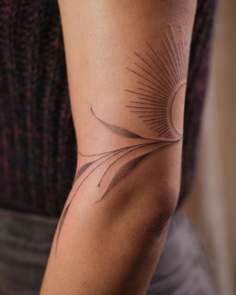 Sun Vine Tattoo, Feminine Back Of Arm Tattoo, One Sleeve Tattoo Women, Ethereal Sleeve Tattoo, Sun Tattoo Arm, Ornamental Sleeve, Fine Tattoo, Brown Tattoo Ink, Rocket Tattoo