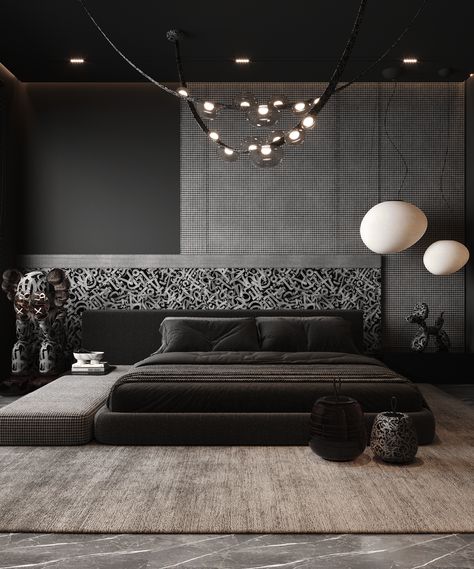 MASTER BEDROOM :: Behance Masculine Luxury Bedroom, Tv Partition Wall Interior Design, Hotel Room Design Luxury, Luxurious Bedrooms Master Modern, Lavish Bedroom, Boys Bedroom Modern, Bedroom Behance, Bedroom Tv Wall, Platform Bedroom