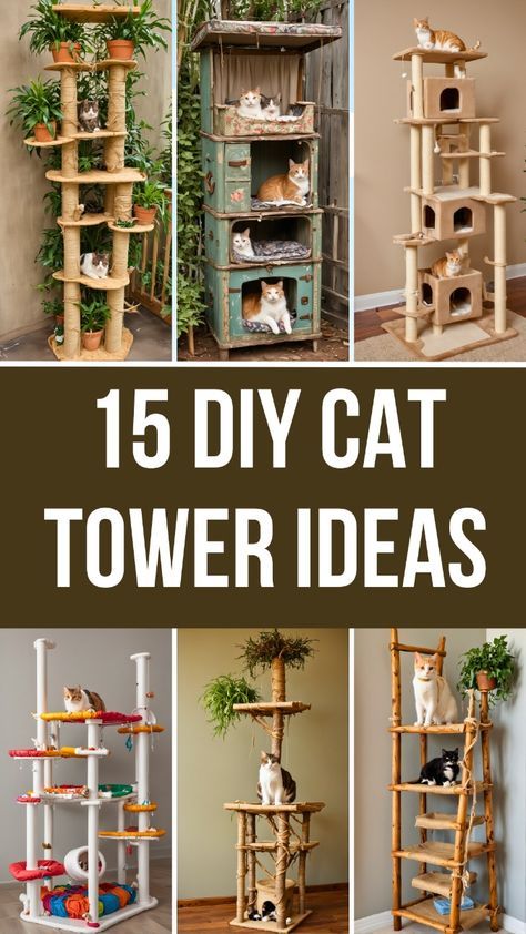 Cat Tower Ideas, Diy Cat Trees, Cat Tower Diy, Diy Cat Shelves, Diy Cat Tower, 4h Ideas, Niche Chat, Cat Shelf, Cat Patio