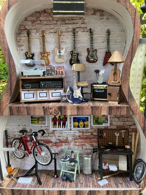 Dollhouse Music Room, Miniature Music Room, Guitar Shelf, Miniature Guitars, Instruments Art, Guitar Diy, Mini Doll House, Dollhouse Miniatures Diy, Mini Craft