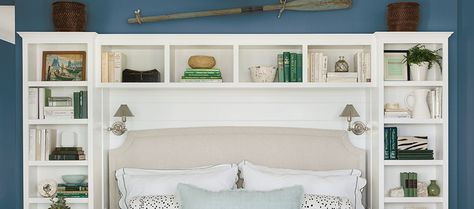 Headboard With Storage Ideas, Bed Headboard With Storage, Diy Storage Headboard, Headboard With Storage, Diy Bed Headboard, Bedroom Wall Units, Unique Bookshelves, Bookshelf Headboard, Bedroom Storage Cabinets