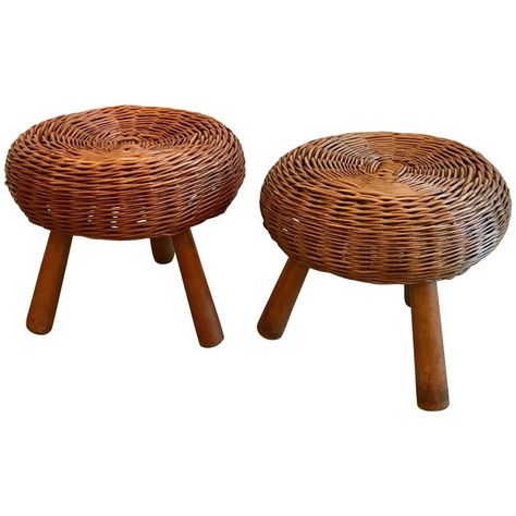 Tony Paul Footstool - Woven Wicker Round 1950 American Mid-Century Modern Rattan, Wood Rattan Wood, Round Footstool, Woven Rattan, Tripod, Mid-century Modern, Mid Century, Wood, For Sale, Furniture