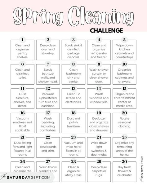 30-day spring cleaning challenge - free printable checklist pink | SaturdayGift Spring Cleaning Checklist Declutter, Clean Tv Screen, Spring Cleaning Checklist Printable, Miracle Cleaner, Home Maintenance Schedule, Room Cleaning Tips, Spring Cleaning Challenge, Cleaning Inspiration, Cleaning Challenge