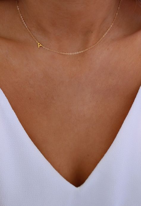 Sideways Initial Necklace Dainty Initial Necklace | Etsy Dainty Jewelry Gold, Letter Necklace Initials, Initial Necklace Silver, Sideways Initial Necklace, Dainty Gold Jewelry, Dainty Initial Necklace, Gold Letter Necklace, Initial Necklace Gold, Gold Letter