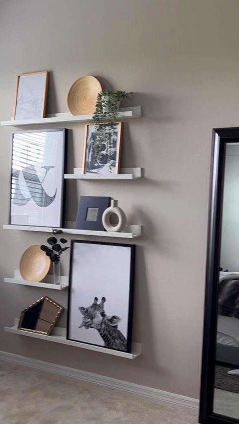 Ikea Ledge Shelf Ideas, Picture Shelves Wall Photo Ledge, Picture Ledge Bedroom, Photo Ledge Display, Bedroom Decor Grey Pink, Picture Shelf Wall, Picture Display Wall, Ikea Picture Ledge, Make Your Home Look Expensive