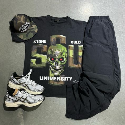 High Stakes Atlanta | • Black Tonal Logo Sporty B Sweatpants • Size M Vintage Stone Cold Camo Tee • Size XL $150 CH Camo Hat • Size OS $400 Brand New Asics 1130… | Instagram Asics 1130, Camouflage Outfits, Camo Hat, Camo Tee, Camo Hats, Streetwear Men, High Stakes, Stone Cold, Vintage Fits