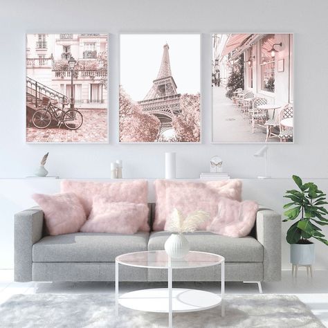 Paris Wall Art Pink Decor for Bedroom Print Set of 3 Prints Girls Room Decor Blush Pink Wall Art French Decor Paris Poster Europe Prints - Etsy Paris Room Decor, Paris Themed Bedroom, Blush Pink Wall Art, Gold Room Decor, Paris Wall Decor, Murs Roses, Paris Rooms, Pastel Bedroom, Paris Bedroom