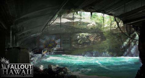 Fallout Hawaii: Vault in the seacave by Alessio Sordini This is the concept of the main entrance of vault 78 located in a misterious seacave. What secrets will be held within the vault 78? Fallout Hawaii, Fallout 4 Settlement Ideas, Hellboy Art, Fallout Rpg, Fallout Fan Art, Fallout Concept Art, Vault Tec, Apocalypse Art, Sci Fi Environment