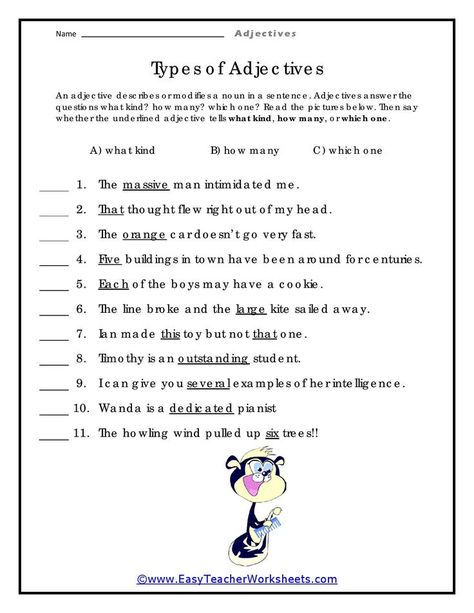 Adjectives answer the questions what kind? how many? which one? Read the sentences and classify the adjectives. Download the PDF file and try the interactive worksheet at the link above! #adjectives #grammar #english #englishlearning #kindergartenworksheets #preschoolworksheets #preschoolactivities Types Of Adjectives Worksheet, Types Of Adjectives, Adjectives Grammar, Adjectives Worksheet, Grammar English, Adjective Worksheet, English Grammar Worksheets, Grammar Worksheets, What If Questions