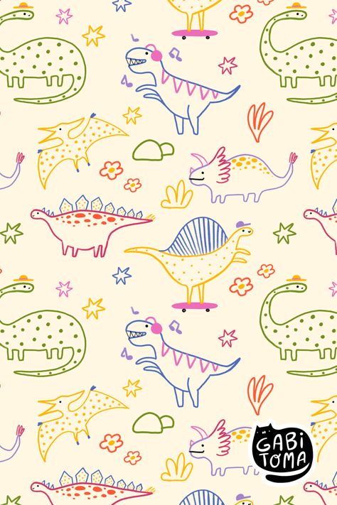 Cute and colorful doodle dinosaur pattern, perfect for kids' clothes. Available on Spoonflower. Dinosaur Background Wallpapers, Tattoo Dino, Doodle Dinosaur, Dinosaur Wallpaper, Medical Wallpaper, Colorful Kids Room, Dinosaur Images, Kids Doodles, Kids Background