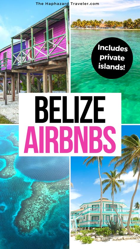 four images of Belize: a private island, beach huts in Caye Caulker, an island Airbnb resort, and the Belize Blue Hole diving destination Private Island Vacation, Hopkins Belize, Belize Honeymoon, San Ignacio Belize, Belize Travel Guide, Belize Hotels, Belize Vacation, Caye Caulker Belize, Belize Beach