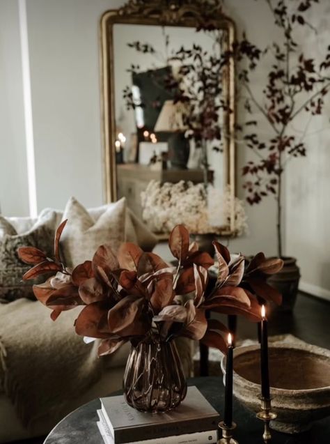 How To Create A Moody Home, Moody Fall Decor Living Room, Moody Beach Decor, Halloween Decor Neutral, Moody Decor White Walls, Moody White Living Room, Fall Decor Moody, Moody Autumn Decor, Contemporary Fall Decor