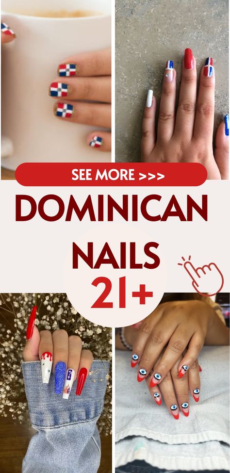 Indulge in the lively essence of Dominican Republic through these exquisite nail designs that will transport you to its picturesque beaches and vibrant culture. Dominican nails are a celebration of vivid and captivating patterns inspired by the country's effervescent spirit. Imagine striking hues such as turquoise, coral, and sunny yellow, complemented by tropical elements like palm trees, exotic blooms, and the iconic Dominican flag. Dominican Nails, Dominican Flag, Tropical Elements, Nail Collection, Vibrant Nails, Cute Acrylic Nail Designs, The Dominican Republic, Sunny Yellow, Nail Games