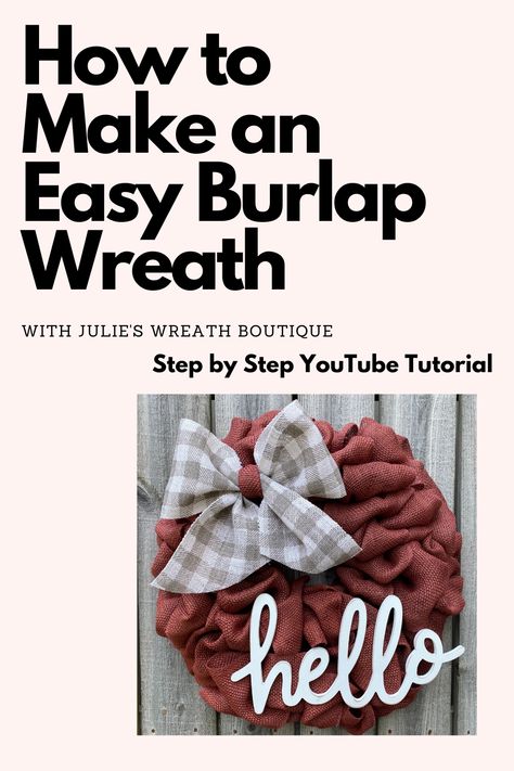 You will learn how to make a wreath with Julie that is so easy that anyone can do this. Step by step instructional video from Julie's YouTube channel. Easy Burlap Wreath Tutorial, Diy Burlap Wreath Tutorial, Hello Wreath, Wreaths For Front Door Spring, Easy Burlap Wreath, Wreath Ideas Diy, Dollar Tree Wreath, Wreath Making Tutorials, Wreaths Burlap