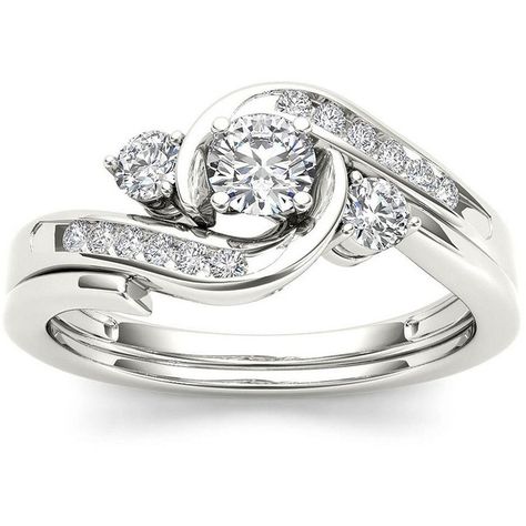 1/2 CT. T.W. Diamond 10K White Gold 3-Stone Bypass Ring Set ($1,500) ❤ liked on Polyvore featuring jewelry, rings, round diamond ring, white gold diamond ring, three stone ring, diamond swirl ring and wedding set ring Gold Engagement Ring Set, Ring Inspiration, Wedding Rings Round, Celtic Wedding Rings, Mother Jewelry, Swirl Ring, Family Necklace, Round Diamond Ring, Bypass Ring