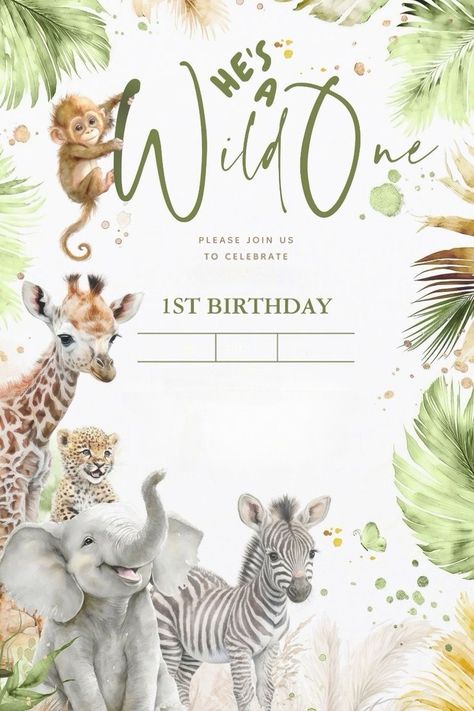 1st Birthday Safari Theme, Safari Birthday Card, Baby Photo Collages, Safari Theme Birthday Party, Safari Animals Birthday, Animal Baby Shower Theme, Boys First Birthday Party Ideas, Baby Birthday Decorations, Boy Birthday Decorations