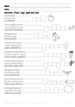 Color spelling practice worksheet for three different kindergarten three literacy levels Colors Worksheet, Spelling Practice Worksheets, Color Worksheets For Preschool, Preschool Phonics, Hello Teacher, Holiday Homework, Family Worksheet, Spelling Worksheets, Spelling Practice