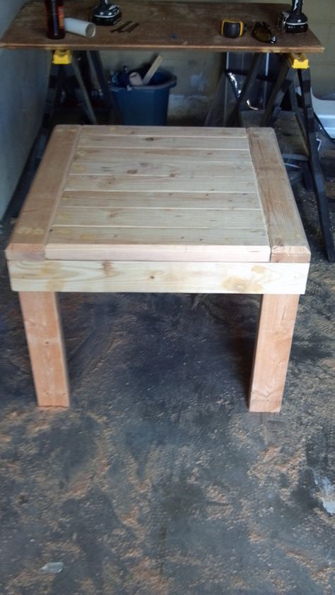 Our next project to take on was one we found on my beloved Pinterest – so we can’t really take all the credit. But we switched it up a little bit, making it our own. Since his couches a… 2x4 End Table, 2x4 Table, Diy End Tables, Diy Holz, Shoe Shine, Wood Plans, Into The Woods, Diy Table, Wooden Table