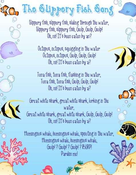 Slippery Fish Felt Story, Rainbow Fish Song, Slippery Fish Activities, Ocean Theme Prek Activities, Water Songs Preschool, Beach Circle Time Activities, Fish Theme Preschool, Slippery Fish Printables Free, Ocean Music And Movement Preschool