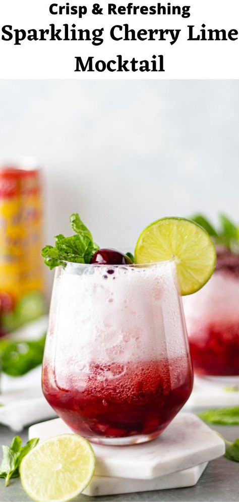 Sparkling Cherry Lime Mocktail! This crisp and refreshing mocktail features sweet, tart cherries, cherry juice, fresh lime juice and sparkling cherry lime water. | #mocktail #cherry #lime #drinks #cleandrinking #sparklingwater Mint Mocktail, Juice Ideas, Mocktail Drink, Refreshing Mocktail, Easy Mocktails, Easy Mocktail Recipes, Fun Drink Recipe, Tart Cherries, Lime Water