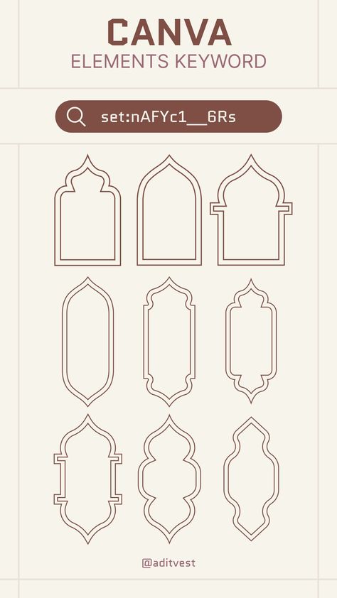 set:nAFYc1__6Rs | Canva element keyword for Outline Color Arabic Frame on canva. #canva #element #keyword #canvaelement #canvaelementkeyword #ramadan #eidmubarak #arabic #arch #window #door #frame #background #pattern #decorative #decoration #outline #line #simple #minimalist Islamic Window Pattern, Islamic Patterns Geometric Simple, Arabic Border Design, Arch Outline, Ramadan Frame, Arabic Frame, Arabic Arch, Islamic Arch, Canva Keywords Elements