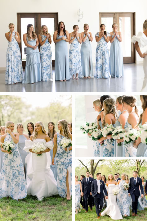 Mismatched bridesmaid dresses are trending and this trend is so good, it’s not going anywhere. We’re seeing varied colors, patterns and styles and there’s really no limit to the possibilities. We’re sharing an eight person mismatched bridesmaid dress recipe – a ‘drecipe’ if you will. If you’re thinking blue for your wedding party, you’ll want to save this blue bridesmaid inspiration.   Photos @marykeenphotography Bridesmaid Outdoor Wedding, Mix And Match Bridesmaid Dresses Blue Floral Prints, Bridesmaid Dresses For Outdoor Wedding, Blue Printed Bridesmaid Dresses, Blue Mix Bridesmaid Dresses, Chinoiserie Bridesmaid Dress, Mismatched Color Bridesmaid Dresses, Dusty Blue Mix And Match Bridesmaids, Sage And Blue Bridesmaid Dresses