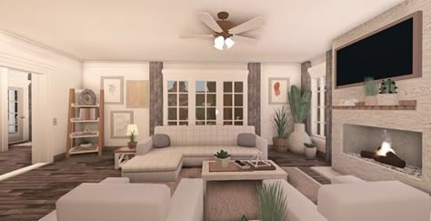 Salas Bloxburg, Blocksburg Living Room Ideas, Kitchen Ideas For Bloxburg, Surfer Living Room, Ideas For Bloxburg, Modern Lounge Rooms, Aesthetic Bloxburg, Cheap Tiny House, Modern Family House