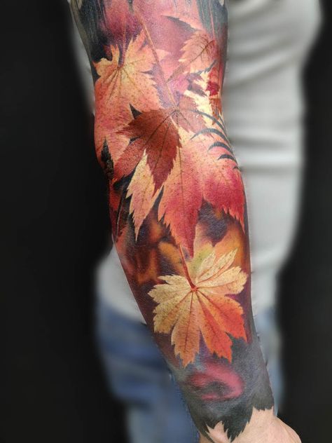 Fall Scene Tattoo, Tree Sleeve Tattoo For Men, Autumn Tattoo Sleeve, Oak Leaves Tattoo, Maple Leaves Tattoo, Fall Leaf Tattoo, Autumn Tattoo Ideas, Autumn Leaves Tattoo, Fall Tattoo Ideas Autumn