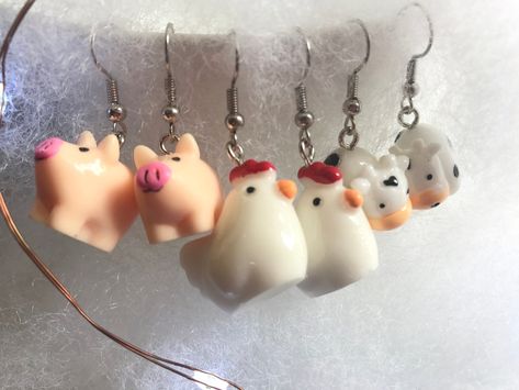 Farm Animal Earrings - Etsy Earring Business, Silly Earrings, Farm Jewelry, Pig Earrings, Staple Earrings, Cute Cottagecore, Clay Things, Christmas Board, Clay Stuff