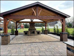 Stone & Decorative Fire Pits / Fireplaces — Somerset Patios & Concrete | Stamped concrete | Patios | Driveways | Rochester, NY Pool Pavilions, Deck Bars, Pavillion Backyard, Outdoor Torches, Concrete Patios, Outdoor Fireplace Designs, Porch Ceiling, Outdoor Fireplace Patio, Patio Deck Designs