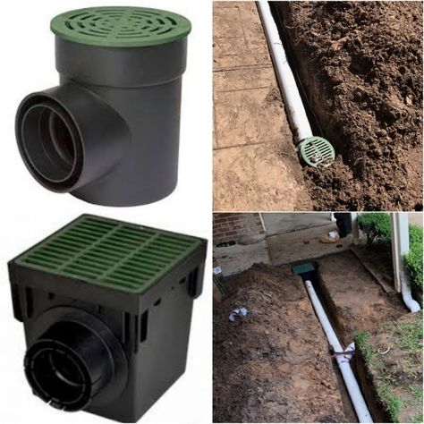 Catch Basin drain System 6inch and 12inch French Drain With Catch Basin, How To Build A French Drain Diy, Foundation French Drain, Water Going Down Drain, Sump Pump Drainage, Basin Ideas, Rock Trench Drain, French Drain Installation, Catch Basin