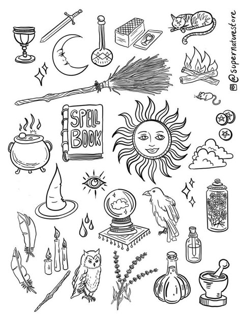 Witchy Doodles Simple, Witchcraft Doodles, Spiritual Doodles, Witchy Drawings Simple, Witchcraft Drawing, Crystal Ball Drawing, Alchemy Witchcraft, Cauldron Tattoo, Witchy Tattoo Flash