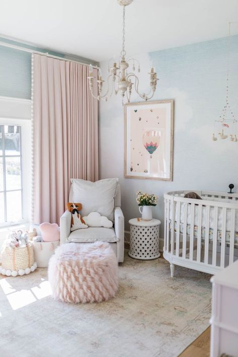 Ella's Room | Follow our Pinterest page at @deuxpardeuxKIDS for more kidswear, kids room and parenting ideas Nursery With Large Window, Light Blush Nursery, No Closet Wardrobe Ideas, Blush Curtains Nursery, Blush Nursery Wallpaper, Earthy Pink Nursery, Nursery With Wood Trim, Nursery With Gray Walls, Dreamy Nursery Girl