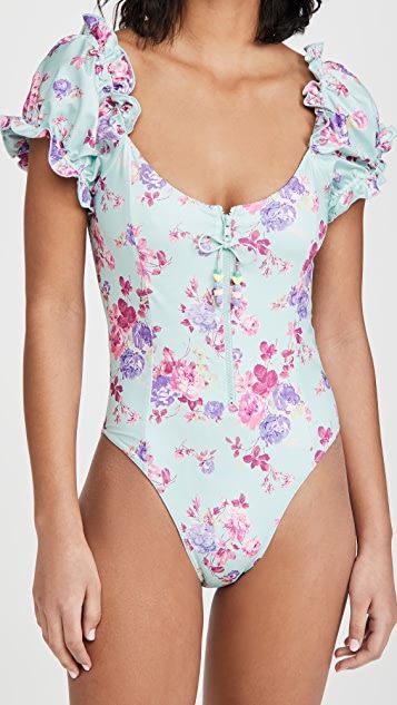 LoveShackFancy Fantasia One Piece Swim Suit | SHOPBOP Women Sporty Outfits, Floral One Piece Swimsuit, 1 Piece Swimsuit, One Piece Swim, Swimsuit Cover Ups, Pullover Shirt, Outfits Women, Puffed Sleeves, Fashion Editor