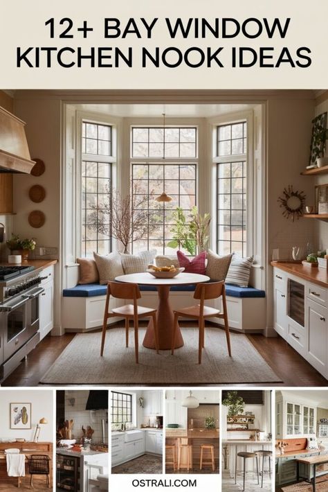 12+ Bay Window Kitchen Nook Ideas That Will Steal Your Heart Kitchen In Bay Window, Farmhouse Bay Window Treatments, Kitchen Bay Window Ideas Decor, Small Kitchen Bay Window Ideas, Window Kitchen Nook, Bay Window Kitchen Table, Bay Window Remodel, Kitchen Nook Ideas Bay Windows, Bay Window Kitchen Nook