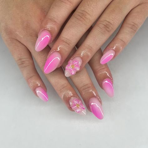 pink aura and 3d gel flower spring and summer almond acrylic nails Almond Nail With Flower Design, Aura Nails With 3d Gel, Aura 3d Nails, Aura Nails With Flowers, Cute Almond Nails Pink, Cute Almond Nails, Almond Nails Pink, Almond Acrylic, Aura Nails