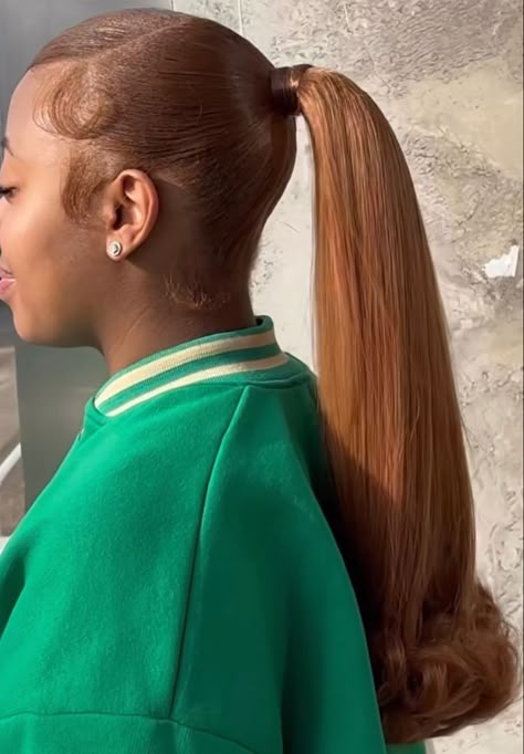 Honey Blonde Barbie Ponytail, Brown Slick Back Ponytail, Ginger Barbie Ponytail, Ginger Slick Back Ponytail, Brown Sleek Ponytail, Honey Brown Ponytail, 21st Birthday Hairstyles, Brown Ponytail, Black Hair Inspiration