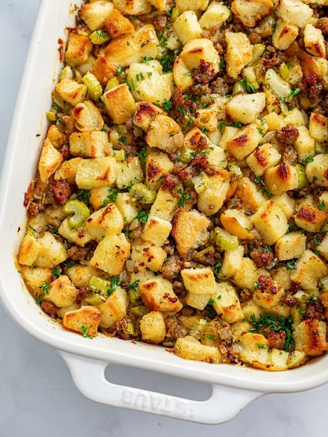 This Sausage Stuffing recipe is easy to make from scratch or with store-bought stuffing. It's the best holiday side dish that you can use to stuff chicken or turkey, or serve in a casserole dish! The Cozy Cook, Sausage Stuffing Recipe, Cozy Cook, Twice Baked Potatoes Casserole, Sausage Stuffing, Sage Sausage, Baked Potato Casserole, Jimmy Dean, Shag Haircuts