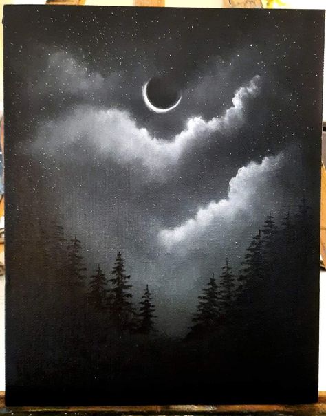 Spooky Clouds Drawing, Dark Night Sky Painting, Night Sketches Pencil, Moon Clouds Drawing, Black And White Acrylic Painting Ideas, Night Drawing Pencil, Sky Sketch Pencil, Forest At Night Painting, Dark Sky Drawing