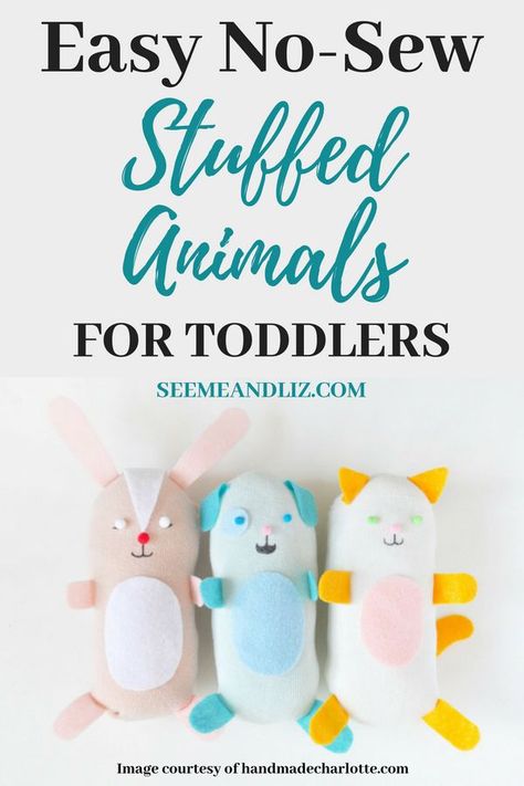 These adorable and easy to make no sew stuffed animals for toddlers make a great gift and are great for pretend play. Click for step by step instructions! #diytoys #kidstoys #toddlers #parents Diy Stuffed Animals Easy No Sew, No Sew Stuffed Animals, Sew Stuffed Animals, Brownie Crafts, Preschool Pets, Homemade Stuffed Animals, Fair Crafts, Sewing Hobby, Fleece Projects