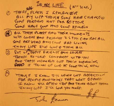 Original John Lennon’s hand written lyrics for “In My Life." Handwritten Lyrics, Beatles Lyrics, Rubber Soul, Behind Blue Eyes, Life Lyrics, Bette Midler, Beatles Songs, Love Me Do, Beatles John