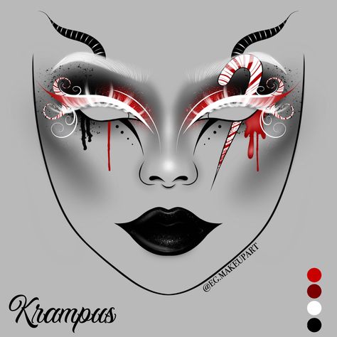 If you recreate this look please tag me on Instagram 😁🫶 #facechart #egmakeupart #makeupideas #makeupinpso #christmasmakeup #xmasideas #christmas #krampus #horror #horrormakeup #halloweenmakeup Hero Makeup Ideas, Krampus Makeup Inspiration, Goth Christmas Makeup Looks, Christmas Drag Makeup, Krampus Makeup Women, Dark Christmas Makeup, Horror Christmas Makeup, Emo Christmas Makeup, Christmas Goth Makeup