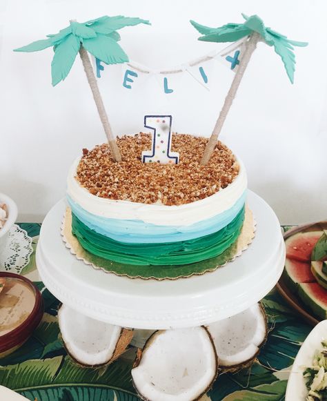 Baby boy is one cake smash palm tree leaf coconut tropical Palm Tree Birthday Cake, Luau Smash Cake, Hawaiian Smash Cake, Tropical Smash Cake, Hawaiian Party Cake, Palm Tree Cake, Palm Tree Cakes, One Cake Smash, Birthday Luau