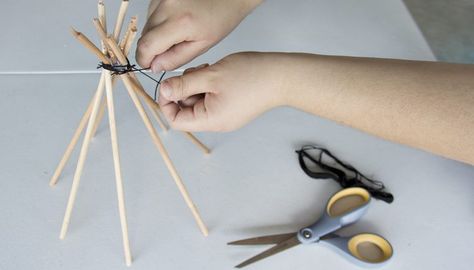 Tie teepee poles together and spread into a cone shape. How To Make A Teepee For School Project, Teepee Project For School, Teepee Diorama, How To Make Teepee, Build A Teepee, Teepee Craft, Stone Age Activities, Indigenous Crafts, Indian Project