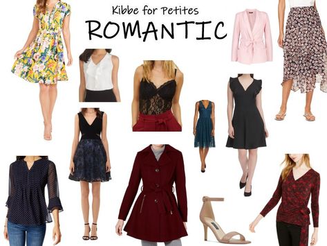 Petite Theatrical Romantic, Romantic Kibbe Body Type Style, Romantic Type Kibbe Outfits, Ingenue Essence Jewelry, Petite Romantic Style, Kibbe Romantic Clothes, Romantic Looks For Women, Romantic Kibbe Style Fashion Looks, Kibbe Romantic Capsule Wardrobe