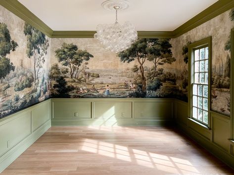 A mural wallpaper is a great way to add dimension to to a room, especially when there's plenty of wall space. Ananbo Wallpaper Wall Murals, Half Wall Panelling Dining Room, Staircase Mural Wall, Bible Mural, Wallpaper Murals Statement Wall, Panelling And Wallpaper, Christian Mural, Ananbo Wallpaper, Mural Backdrop