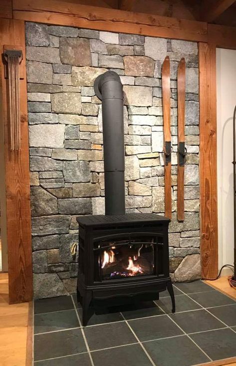 Stone Behind Wood Burning Stove, Slate Tile Hearth Wood Stove, Pellet Stove Design Ideas, Stone Wall Behind Woodstove, Wood Stove Slate Surround, Field Stone Wood Stove, Indoor Wood Stove Ideas, Rock Wall Behind Woodstove, Wood Stove Flooring Ideas