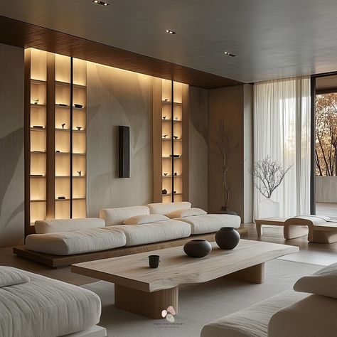 “Quiet Luxury” This Japandi home embraces the beauty of simplicity and nature with its minimalistic design, natural materials, and soft neutral tones. The space is defined by clean lines, low-profile furniture, and a harmonious use of wood textures throughout, from the platform bed to the shelving and decorative elements. The room’s openness is enhanced by large windows, bringing the outside in, and natural light gently illuminates the space. Soft, earthy fabrics in beige and off-white tones... Japandi Luxury, Quiet Luxury Interior Design, Spa Living Room, Luxury Interior Design Living Room, Luxury Bathroom Master Baths, Modern Penthouse, Apartment Luxury, Japandi Home, Interiors Dream